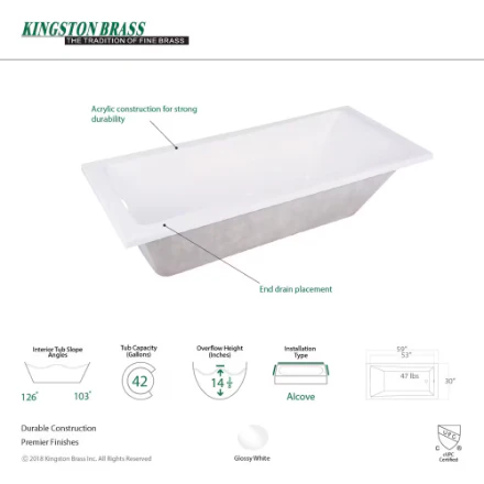 Aqua Eden Contemporary 4.9 ft. Acrylic Rectangular Drop-in Front Drain Bathtub in White (New)