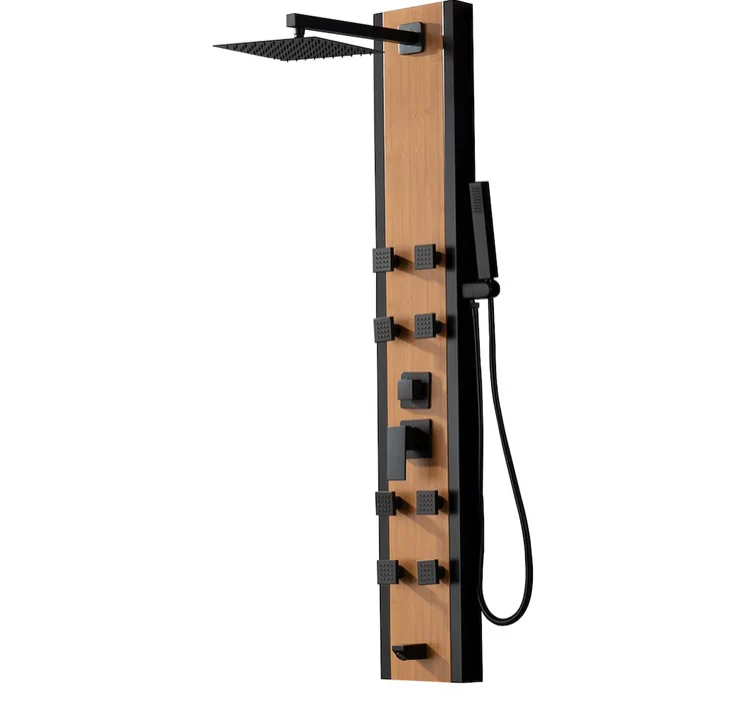 BWE 8-Jet Shower Panel System with Rainfall Waterfall Shower Head and Shower Wand in Black Bamboo (New)