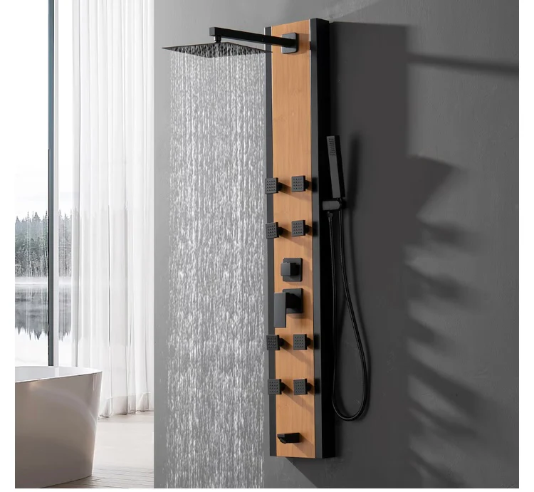 BWE 8-Jet Shower Panel System with Rainfall Waterfall Shower Head and Shower Wand in Black Bamboo (New) - Image 2