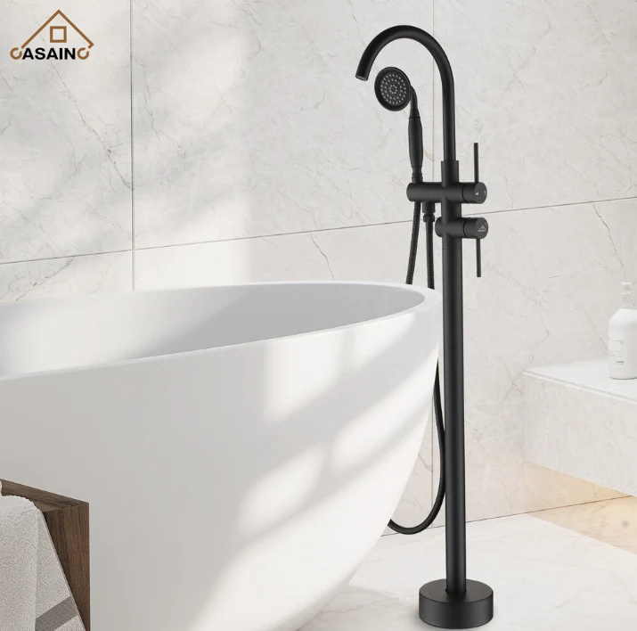 CASAINC Freestanding Bathtub Faucet with Hand Held Shower and Double Handle in Matte Black - Image 2