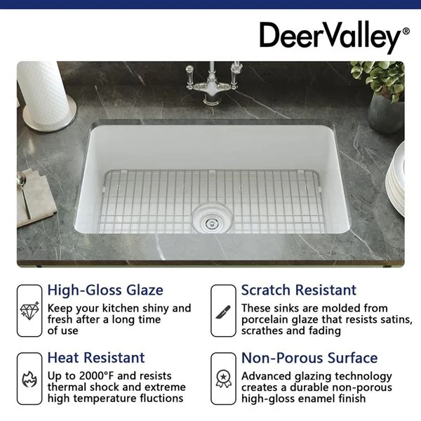 DeerValley Glen White Rectangular Fireclay 32" Single Bowl Drop-In/Undermount Kitchen Sink (New) - Image 3