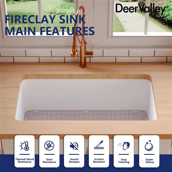 DeerValley Glen White Rectangular Fireclay 32" Single Bowl Drop-In/Undermount Kitchen Sink (New) - Image 4