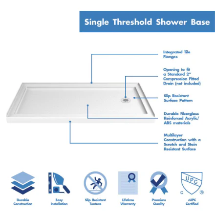 DreamLine SlimLine 60L x 34W x 2.75H in. Acrylic Alcove Shower Base Pan in White, Right Drain with SlipGrip Slip-Resistant Technology (New) - Image 3