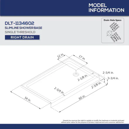 DreamLine SlimLine 60L x 34W x 2.75H in. Acrylic Alcove Shower Base Pan in White, Right Drain with SlipGrip Slip-Resistant Technology (New) - Image 4