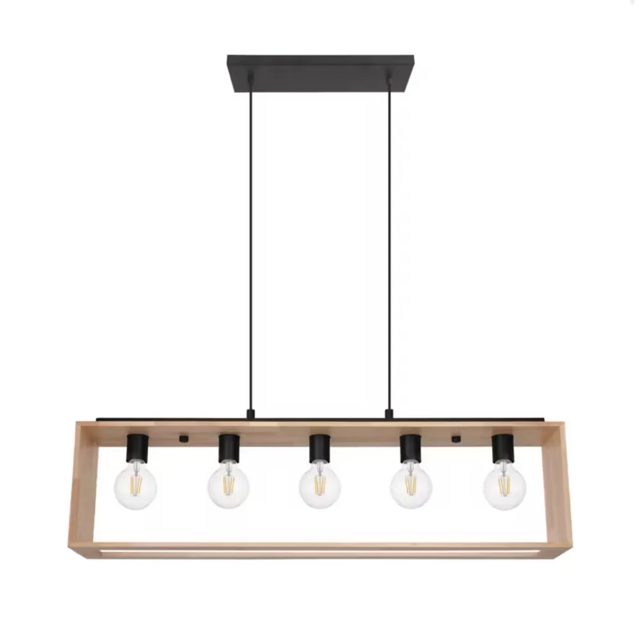 Eglo Famborough Pendant Light 5L, Black Finish with Natural Wood (new)