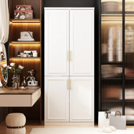FUFU&GAGA White Wood 4-Door Armoire with Hanging Rod & 2 Spacious Storage Shelves for Bedroom (New) - Image 4