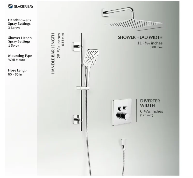 12 in. Square 1-Function & 4 in. 3-Function Raincan Shower System with Slide Bar Kit in Chrome, Valve Included - Image 3