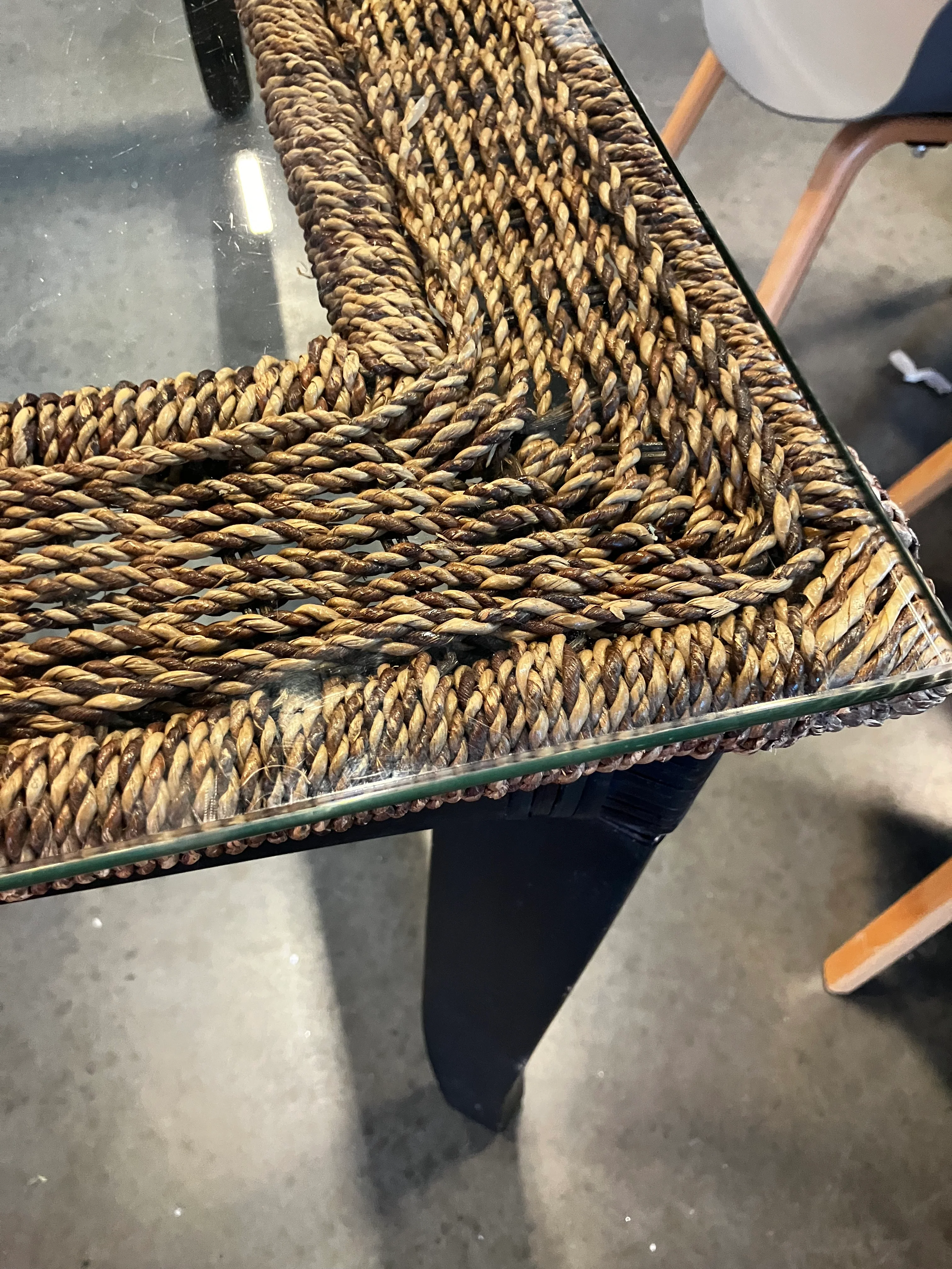 Glass-Top Wooden Woven Table (Used) - Image 2
