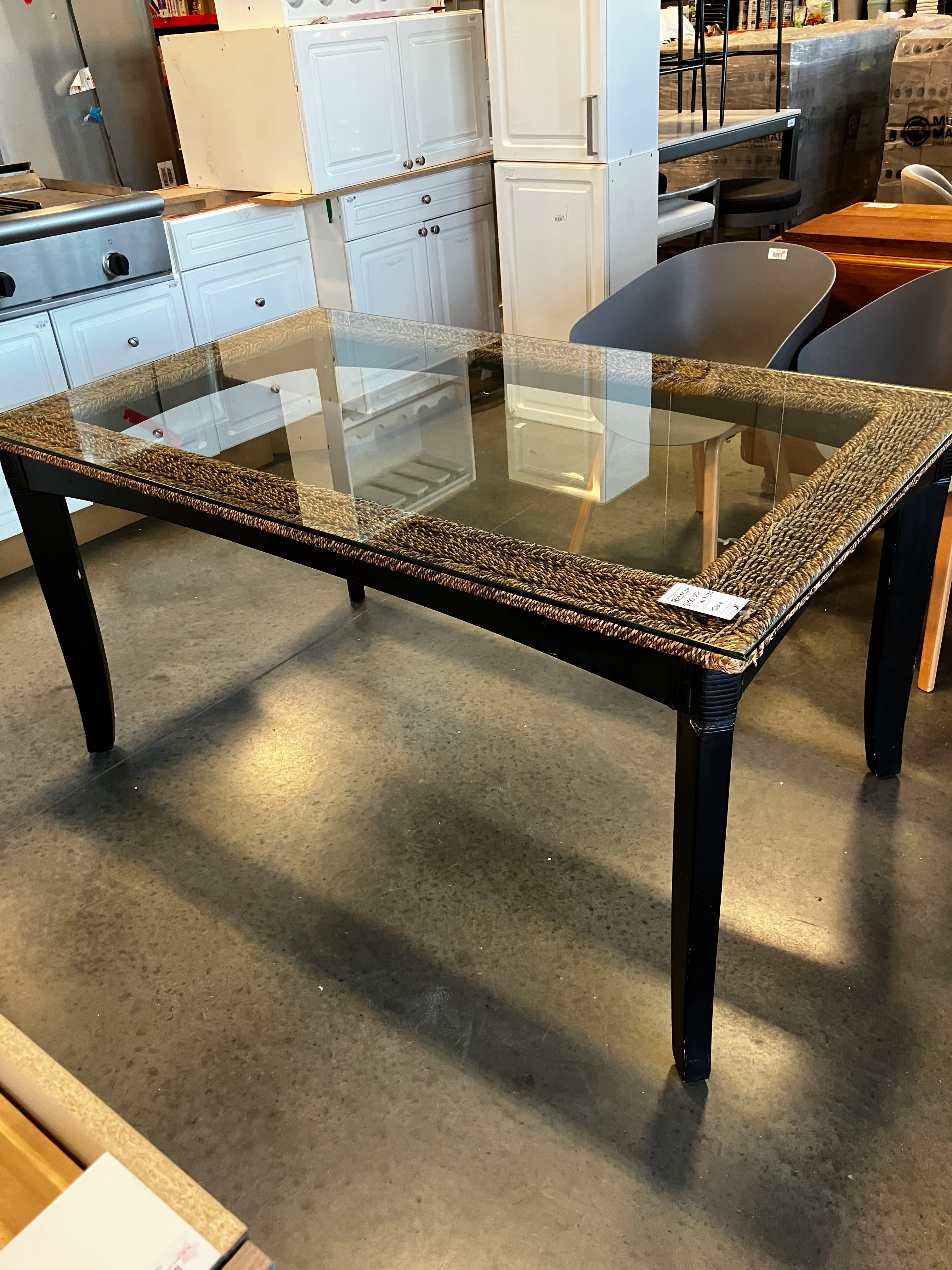 Glass-Top Wooden Woven Table (Used) - Image 3