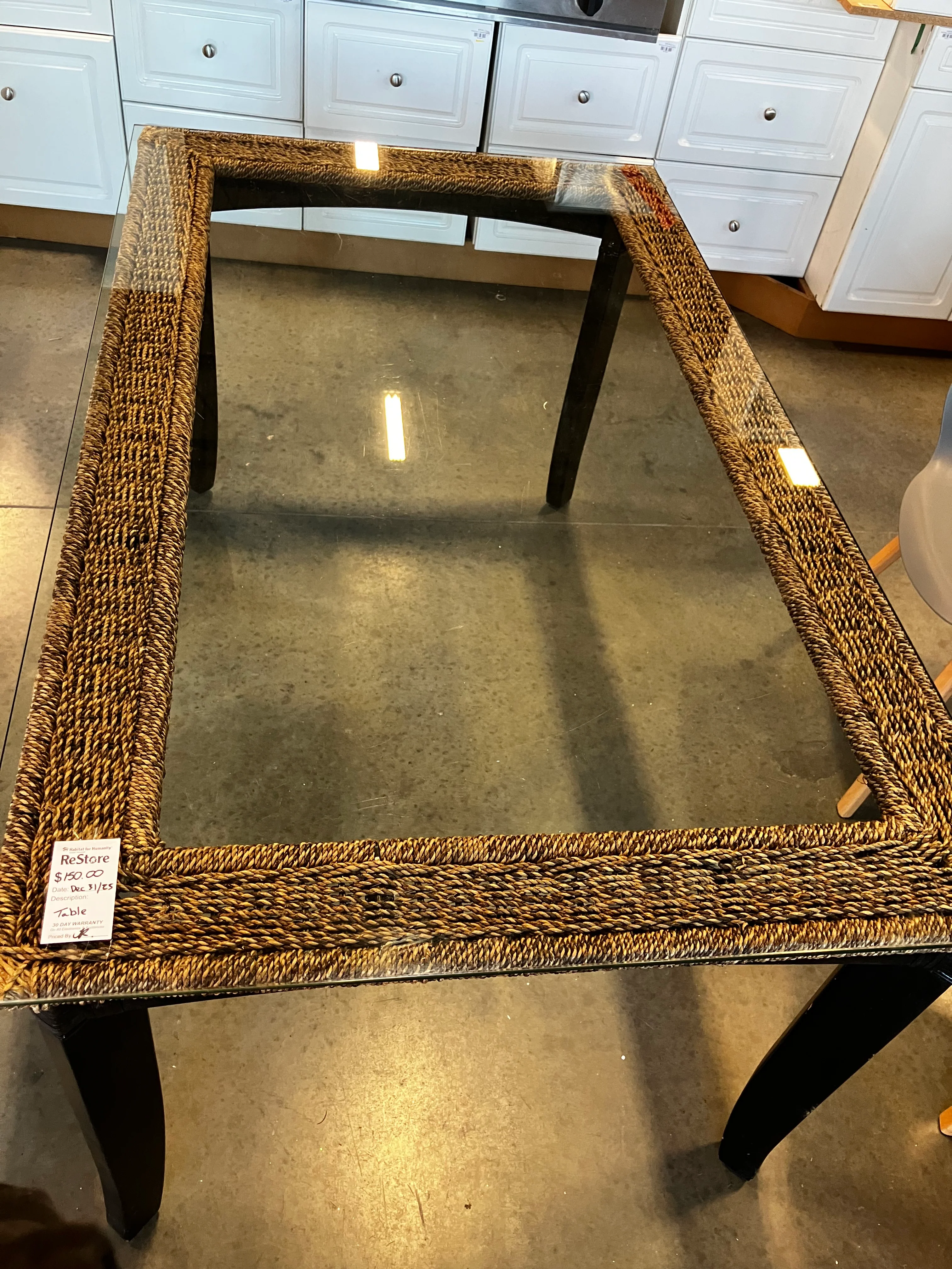 Glass-Top Wooden Woven Table (Used) - Image 4