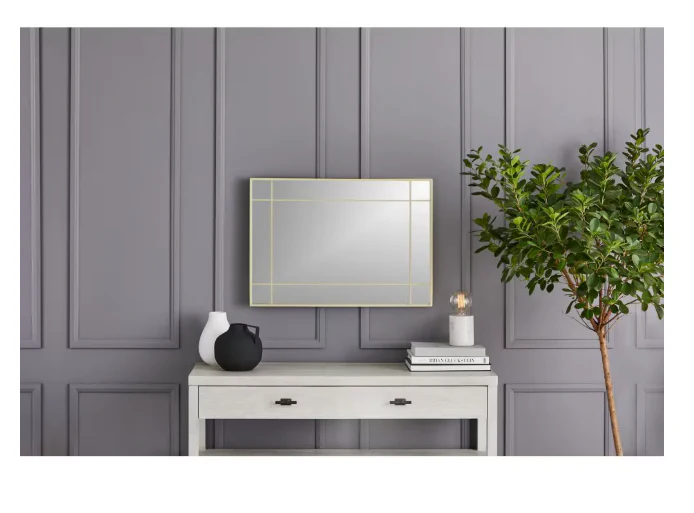 GlucksteinElements Burke 21-inch W x 30-inch H Window Panel Shape Metal Brushed Brass Framed Wall-Mounted Mirror - Image 4