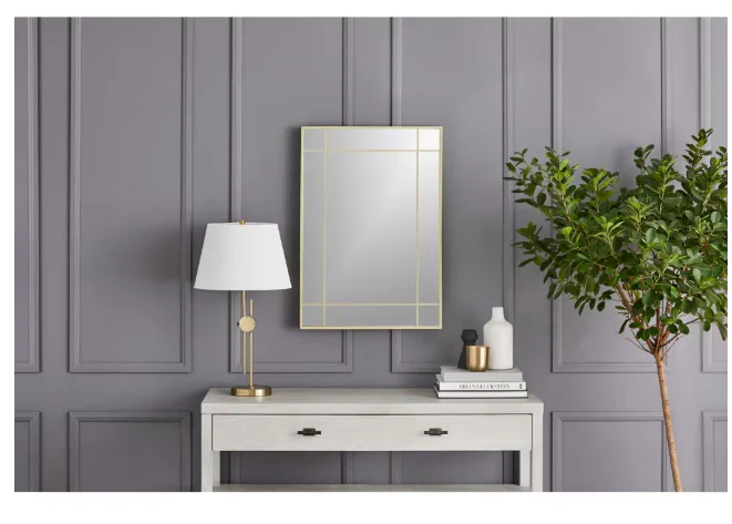 GlucksteinElements Burke 21-inch W x 30-inch H Window Panel Shape Metal Brushed Brass Framed Wall-Mounted Mirror - Image 5