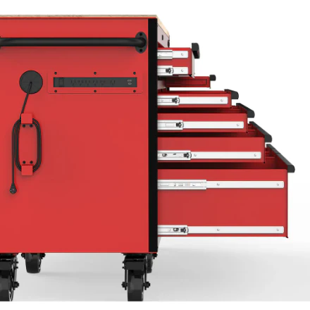 Husky Heavy-Duty 72 inch W x 24 inch D 15-Drawer Mobile Workbench with Wood Top and Tool Workbench Storage Hutch in Red (New) - Image 5