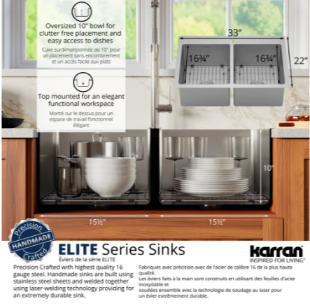 Karran 33" Top Mount Double Equal Bowl Stainless Steel Kitchen Sink Kit (new) - Image 4