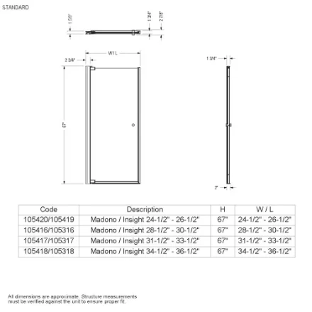 MAAX Insight 31.5 - 33.5W (Adjustable Width) x 67H Frameless Pivot Shower Door in Chrome with Clear Glass (New) - Image 2