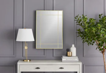 GlucksteinElements Burke 21-inch W x 30-inch H Window Panel Shape Metal Brushed Brass Framed Wall-Mounted Mirror (new)