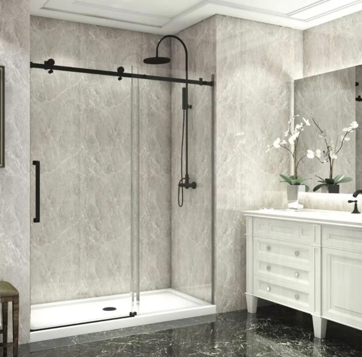 Nordic Canada Ali 60 inch W x 75 inch H Frameless Sliding Shower Door, Clear Glass with Square Hardware in Black (New)