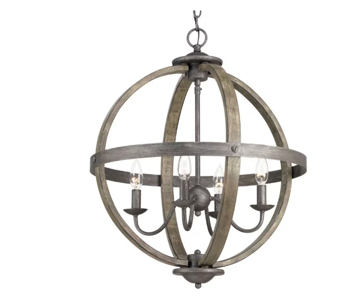 Progress Lighting Keowee 4-Light Artisan Iron Farmhouse Globe Candle-Style Chandelier with Elm Wood Accents (New) - Image 3