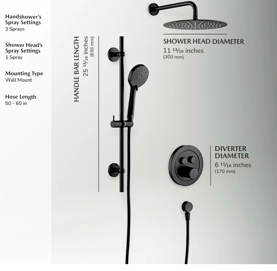 Roan 12 in. Round 1-Spray & 4 in. 3-Spray Raincan Shower System with Slide Bar Kit in Matte Black, Valve Included (new) - Image 3