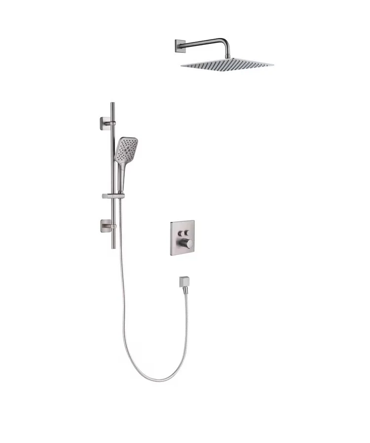 Roan 12 in. Square 1-Spray & 4 in. 3-Spray Raincan Shower System with Slide Bar Kit in Brushed Nickel, Valve Included