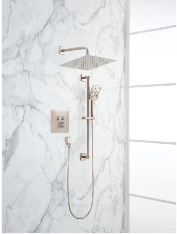 Roan 12 in. Square 1-Spray & 4 in. 3-Spray Raincan Shower System with Slide Bar Kit in Brushed Nickel, Valve Included - Image 2