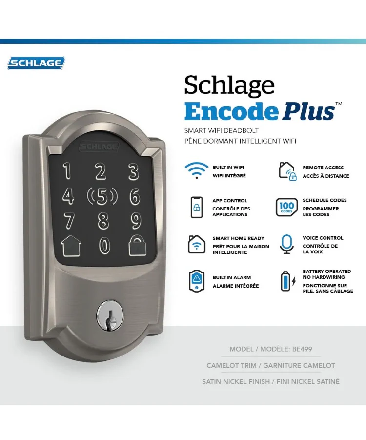 Schlage Encode Plus Electronic Smart lock Wifi Deadbolt Camelot Satin Nickel with Apple Home Key - Image 3
