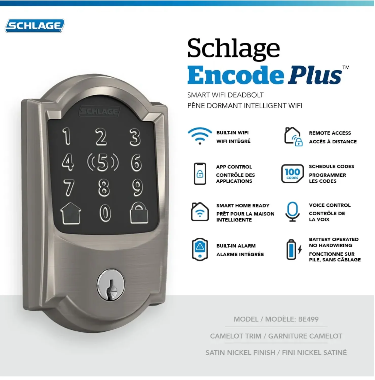 Schlage Encode Plus Electronic Smart lock Wifi Deadbolt Camelot Satin Nickel with Apple Home Key * Missing reinforcement plate - Image 3