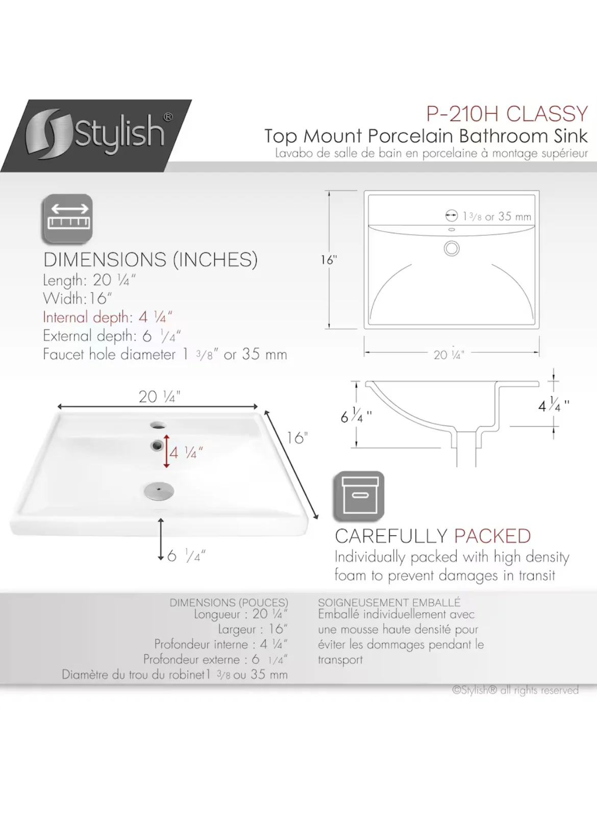 Stylish 20 1/4 inch Rectangular Top Mount Porcelain Bathroom Sink with Two Overflow Finishes included (new) - Image 2