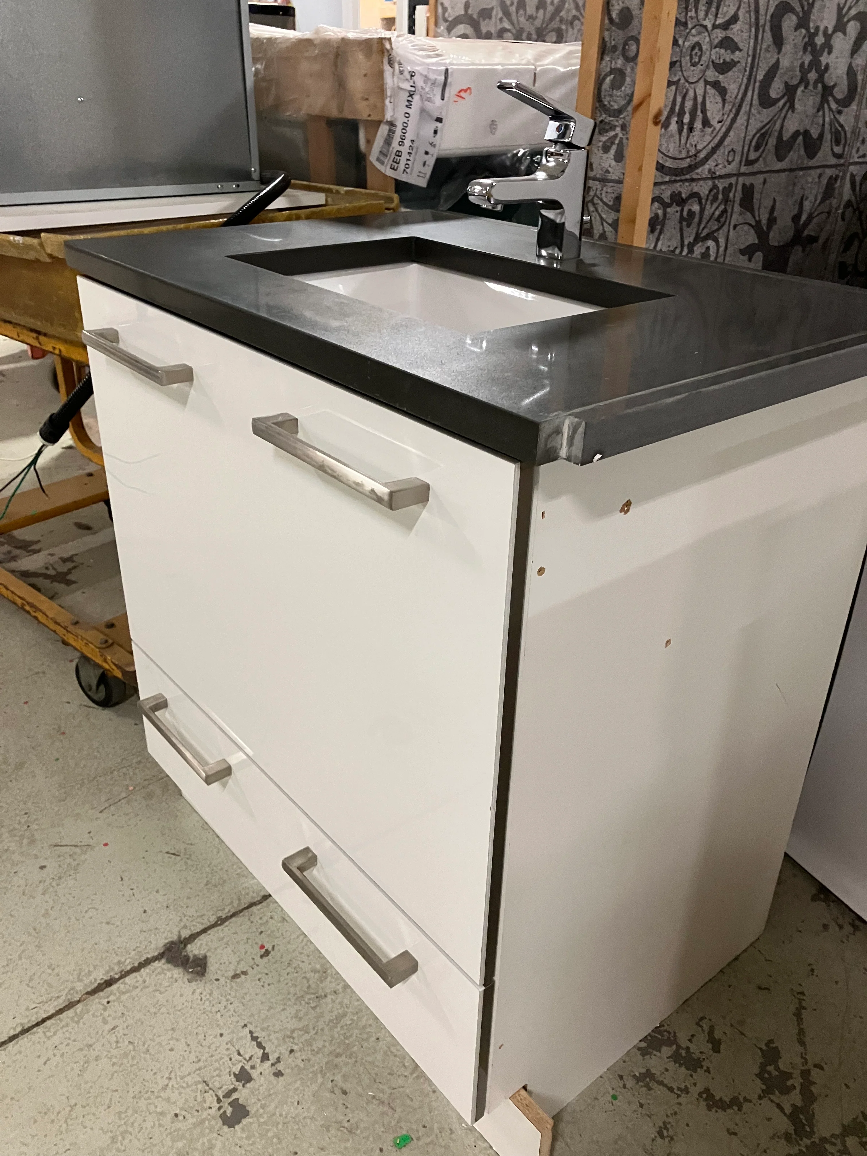 White Single Sink Vanity With Marble Top and Faucet - Image 7