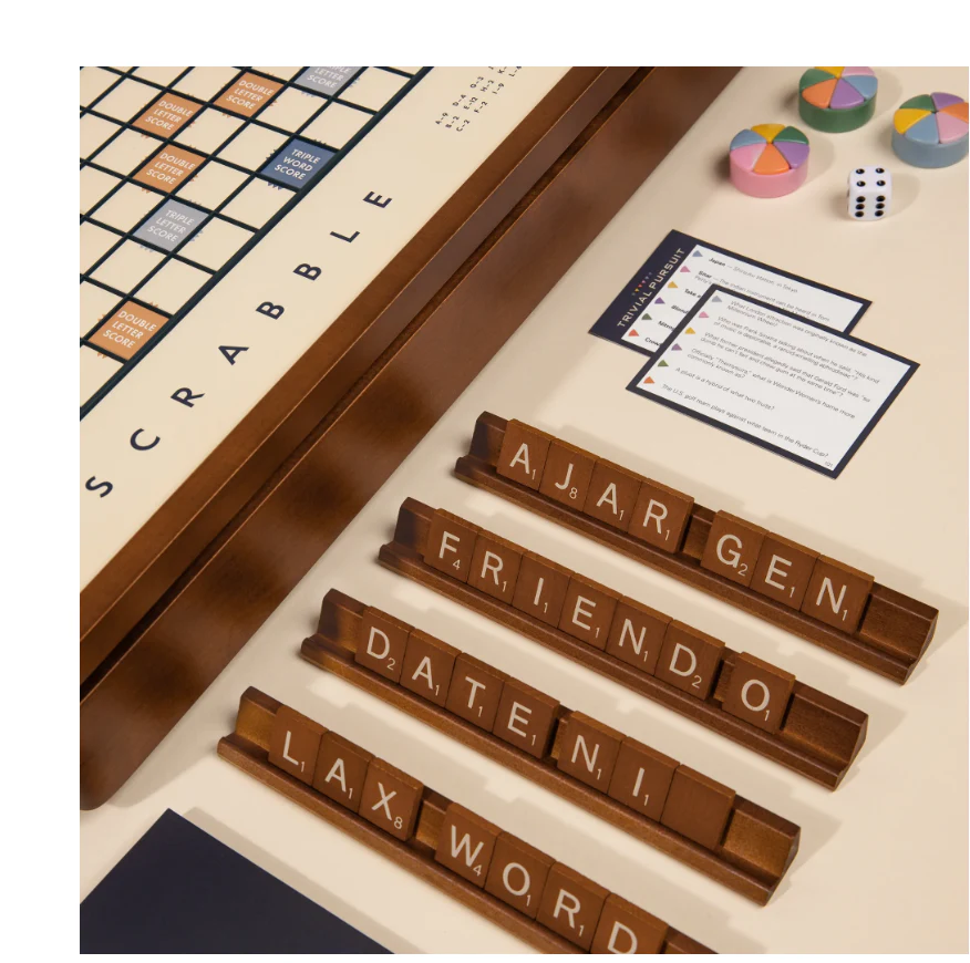 WS Game Company 3-in-1 Premium Game Collection: Scrabble, Trivial Pursuit, and Cribbage with Rotating Solid Wood Cabinet (new) - Image 4