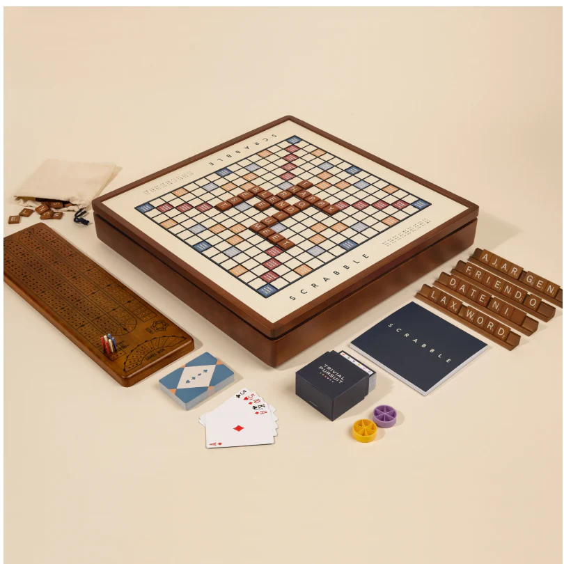 WS Game Company 3-in-1 Premium Game Collection: Scrabble, Trivial Pursuit, and Cribbage with Rotating Solid Wood Cabinet (new) - Image 7